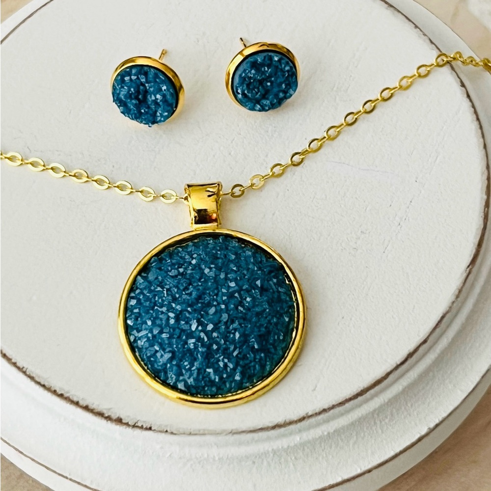 Gold and Blue Druzy Crystal Necklace